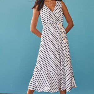 J. Jill navy blue/ white striped sleeveless A line V neck belted midi dress 4X